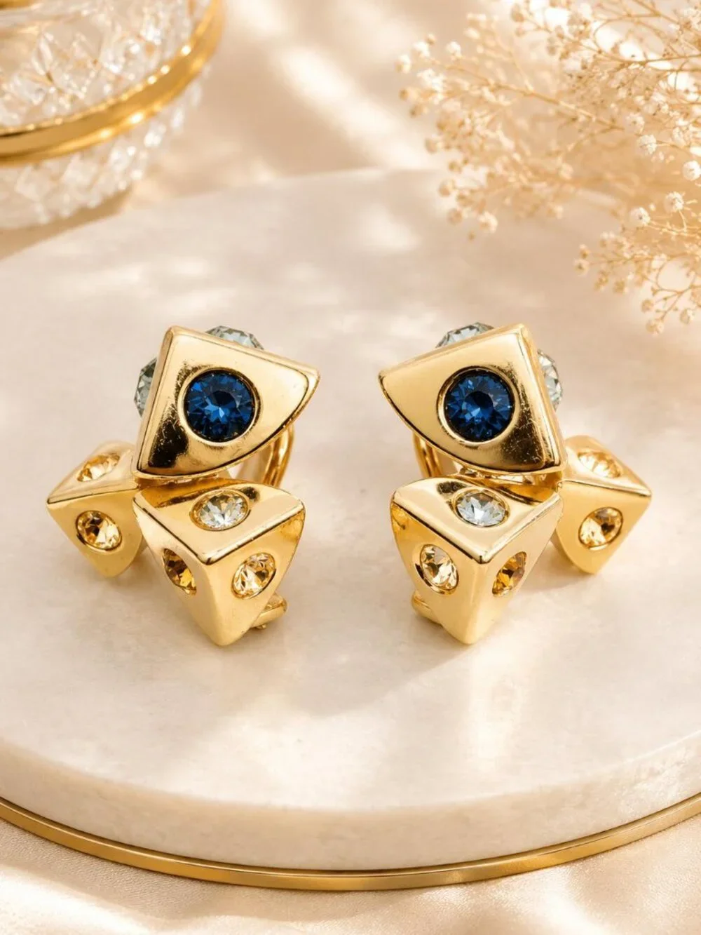 Authentic Louis Vuitton Gold Tone LV Icon Stud Earrings Crystal Designer Jewelry